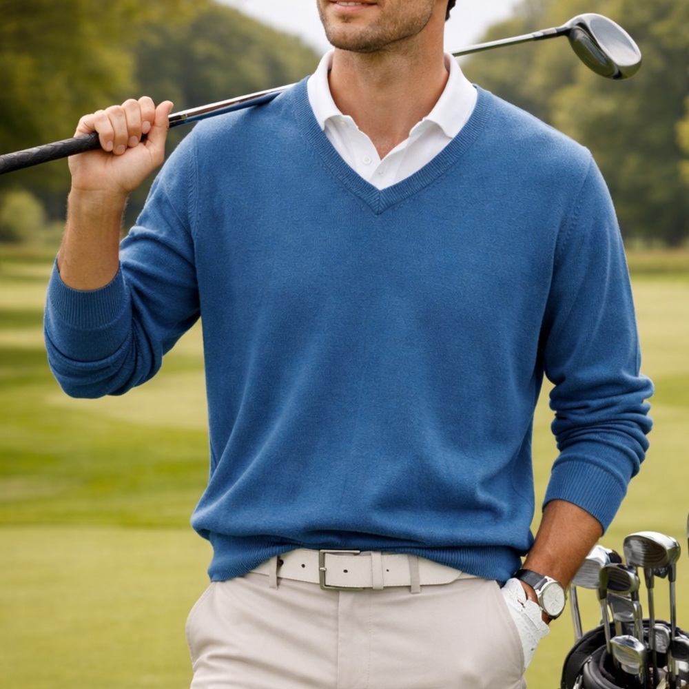Men’s Natural Silk Cotton Blend V-Neck Blue Sweater